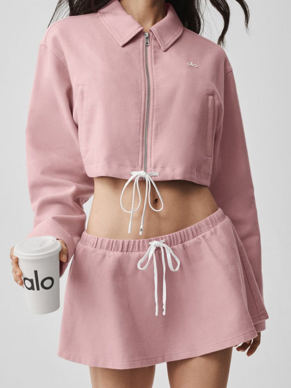 NWT Alo Yoga Set Cropped Fan Favorite Full Zip Jacket And Skirt Set Vintage Pink